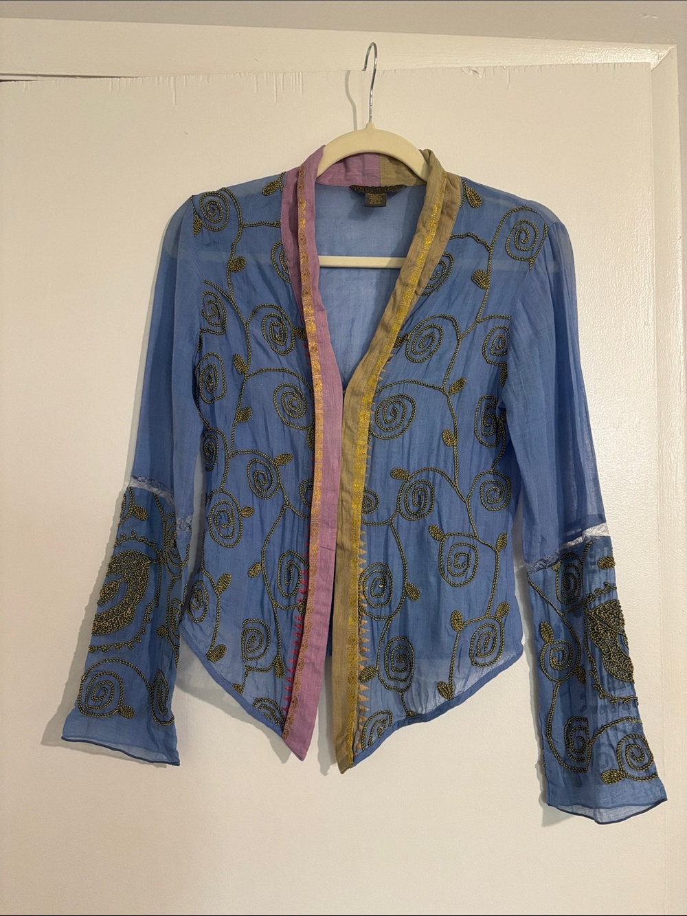 Embellished Sheer Blue Open-Front Blouse with Contrasting Trim